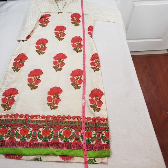 Womens Cream Kurta Top Large Lace Floral Embroidered Bohemian Straight Tunic - Picture 5 of 16